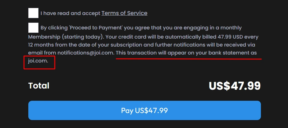Joi AI Privacy- No Discreet Billing
